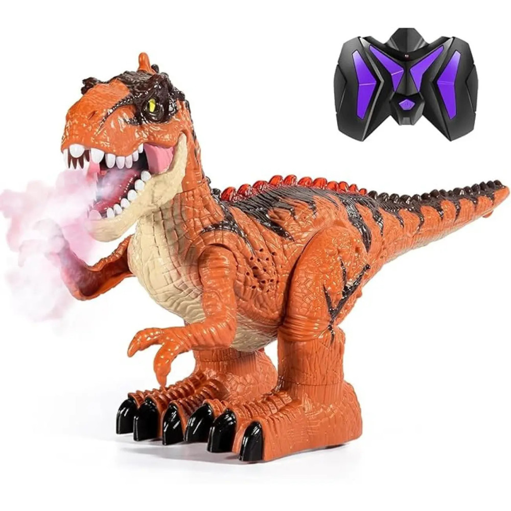 Dinozaur interactiv teleghidat cu iluminare, sunet, aburi și rotație 360°, 2 culori