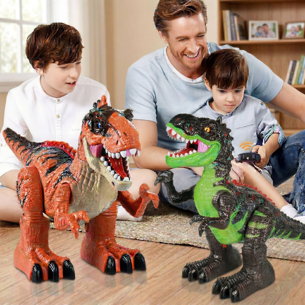 Dinozaur interactiv teleghidat cu iluminare, sunet, aburi și rotație 360°, 2 culori