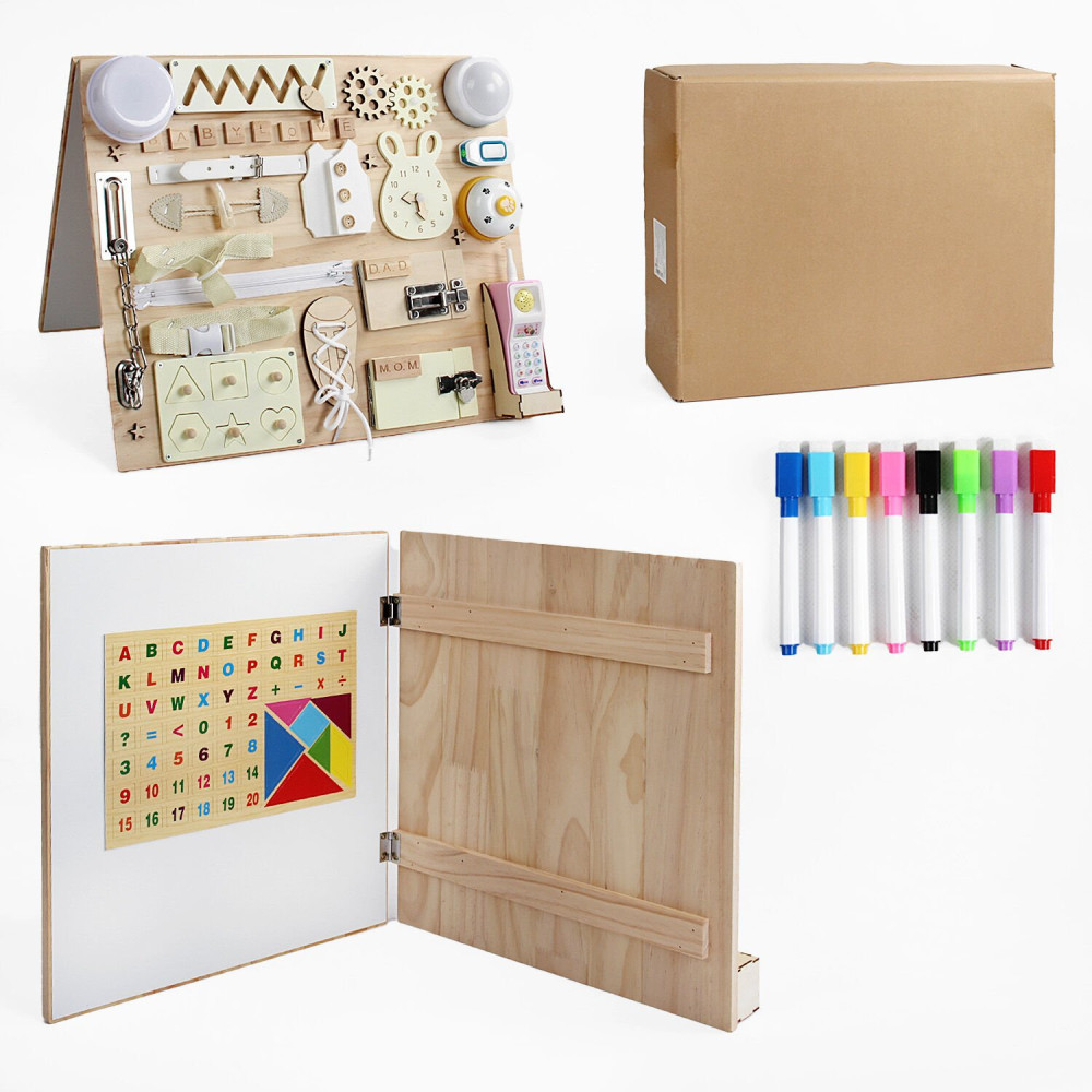 Деревянный бизиборд с магнитной доской и телефоном