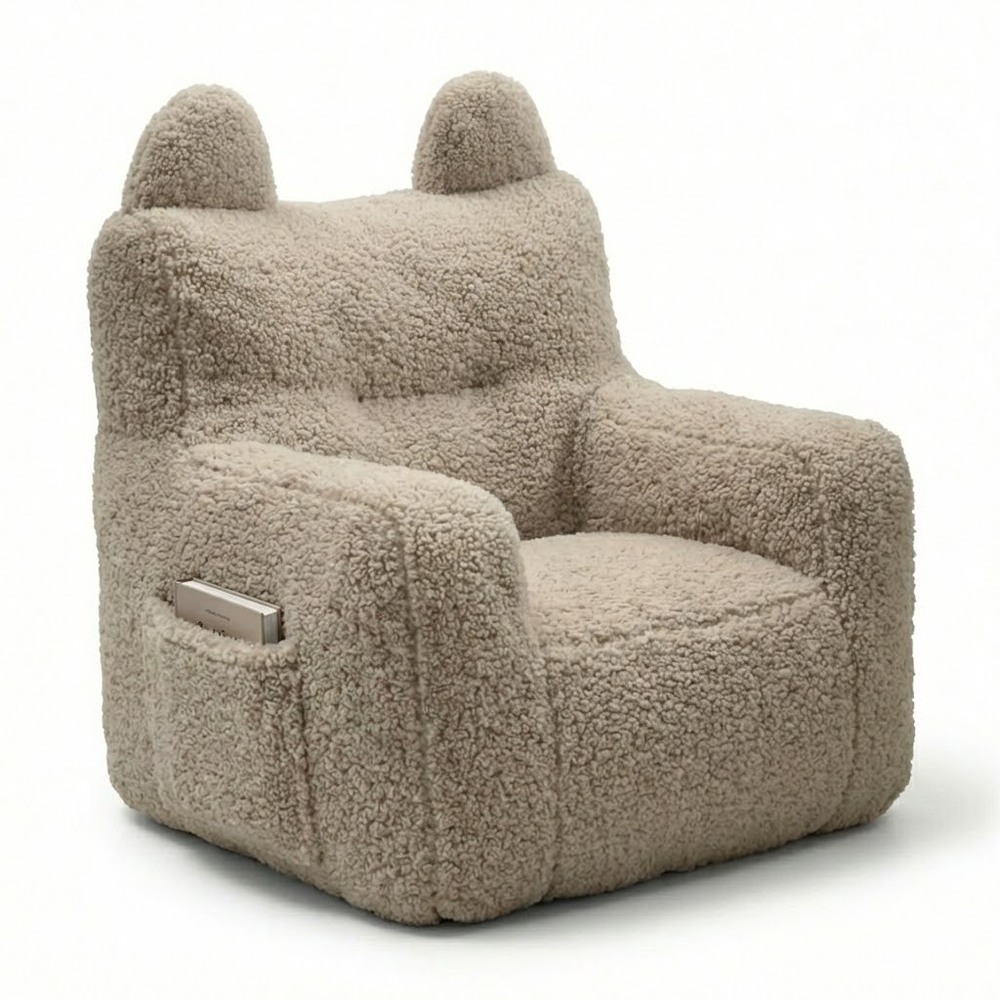 Детское кресло-пуф из мягких материалов с ушками и местом для хранения, коричневое