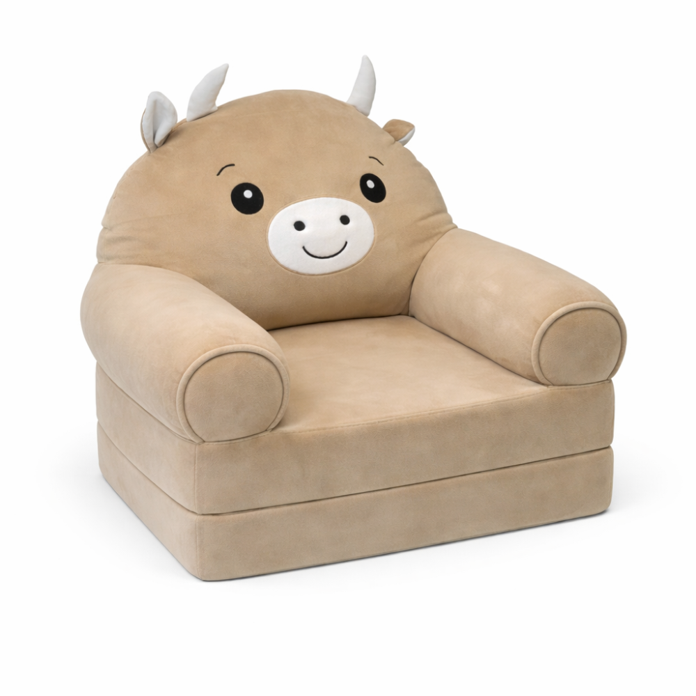 Детское мягкое плюшевое кресло-трансформер в виде бычка с раскладным местом для отдыха на два отделения