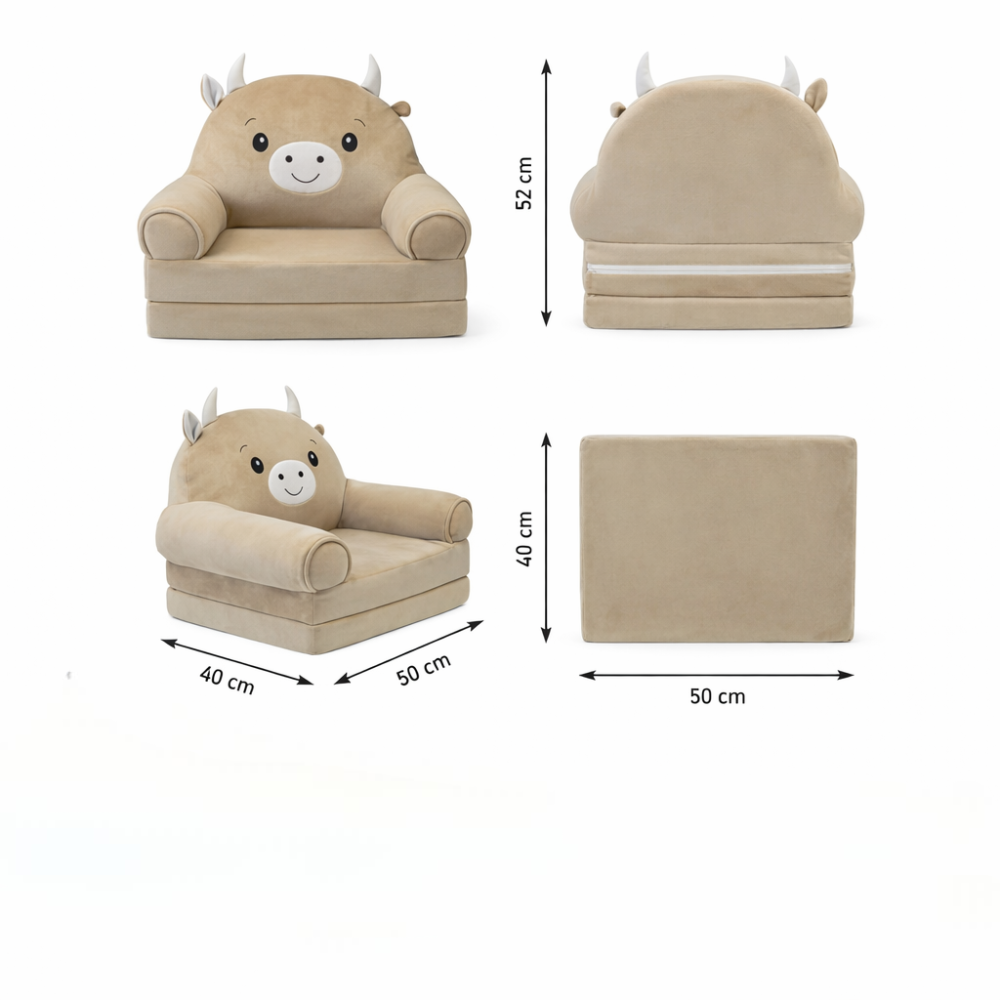 Детское мягкое плюшевое кресло-трансформер в виде бычка с раскладным местом для отдыха на два отделения