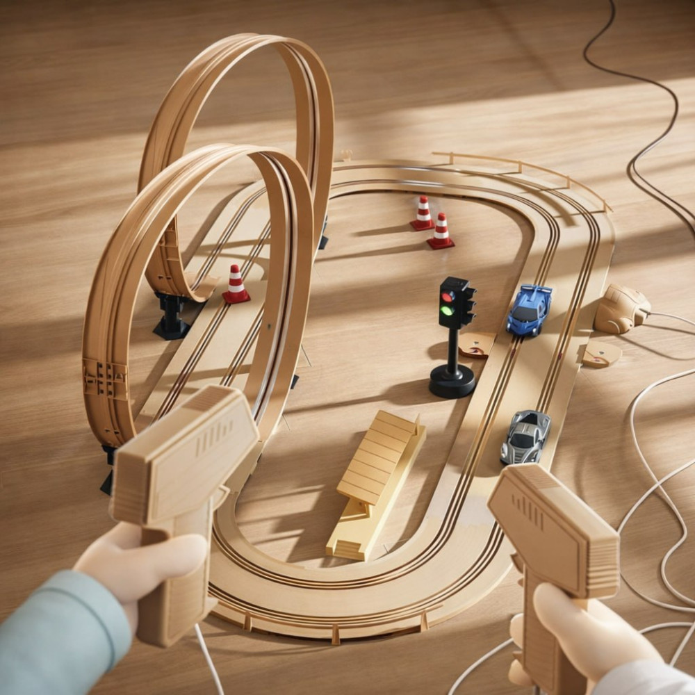 Pistă auto pentru copii cu bucle, mașinuțe și controlere