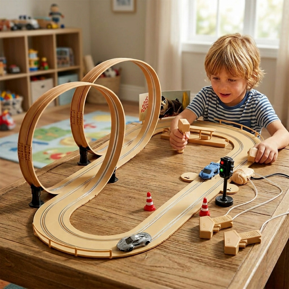 Pistă auto pentru copii cu bucle, mașinuțe și controlere