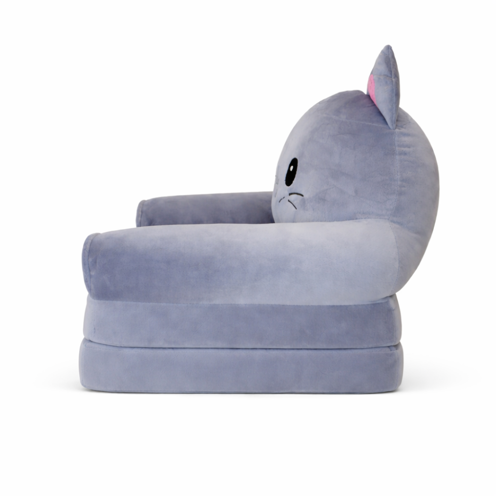 Детское мягкое кресло лежак в виде котика с раскладной конструкцией на два отделения