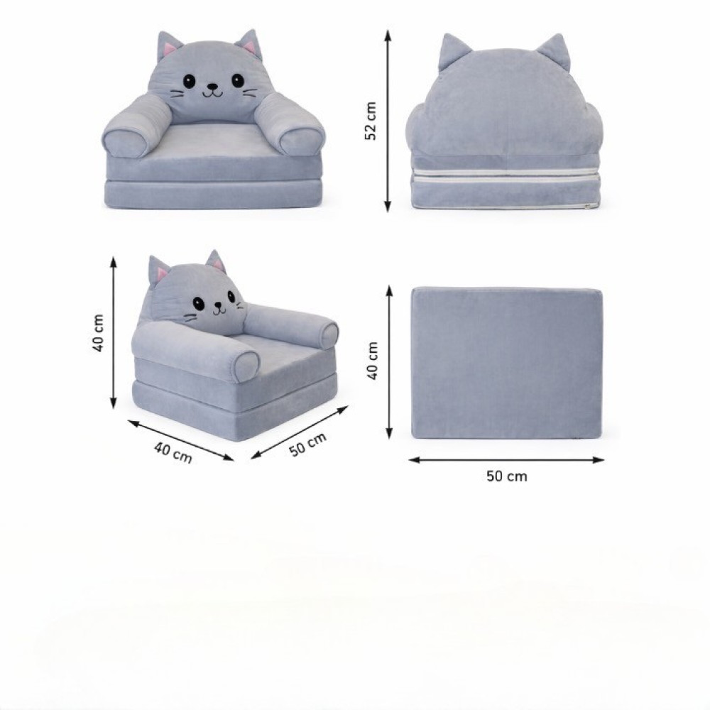Детское мягкое кресло лежак в виде котика с раскладной конструкцией на два отделения