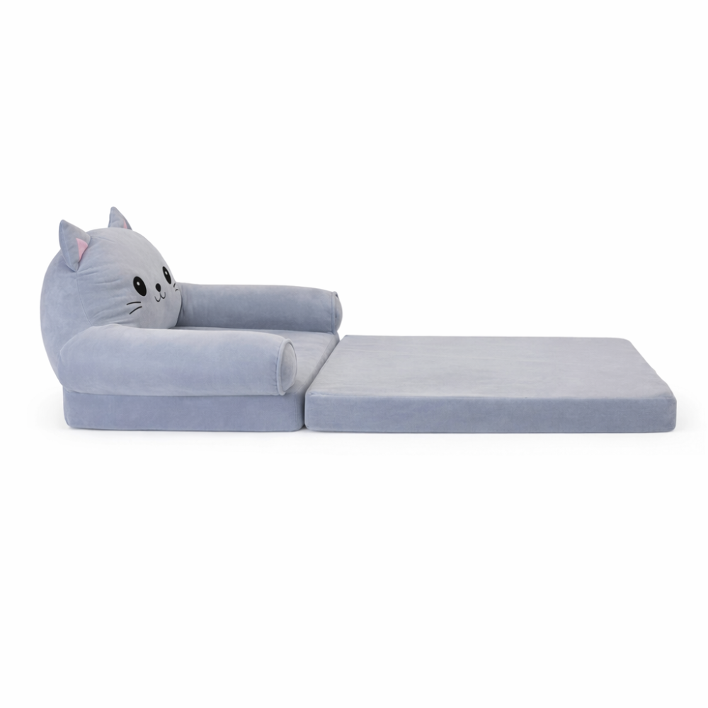 Детское мягкое кресло лежак в виде котика с раскладной конструкцией на два отделения