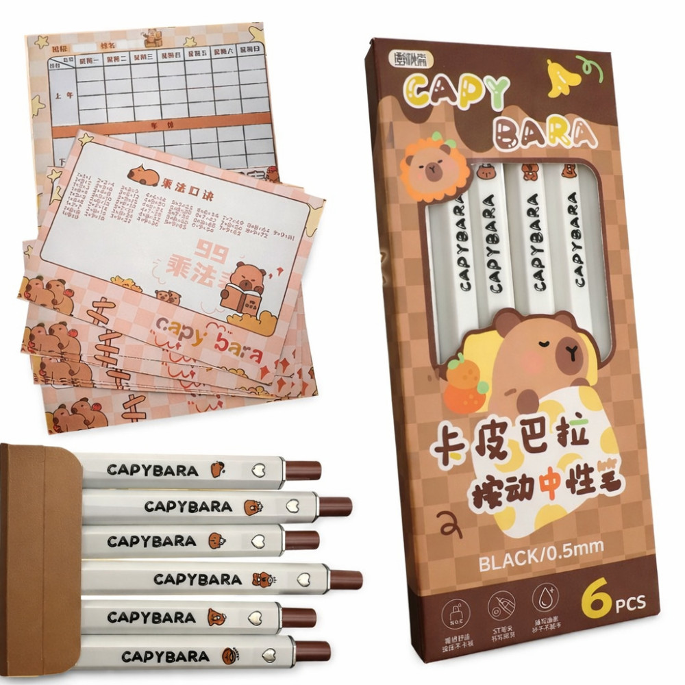 Set de scris Capibara — caiet, pix și accesorii în copertă portocalie