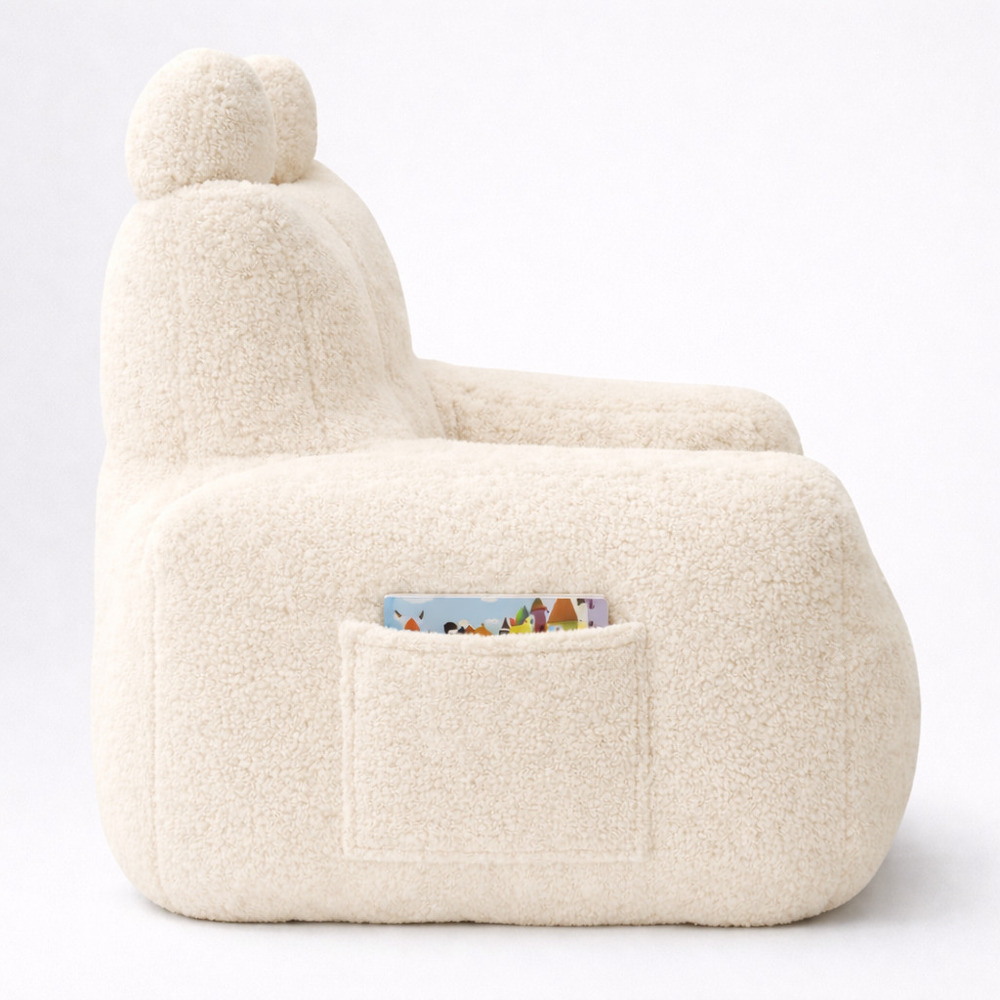 Fotoliu-puf moale pentru copii cu urechiușe și buzunar, bej