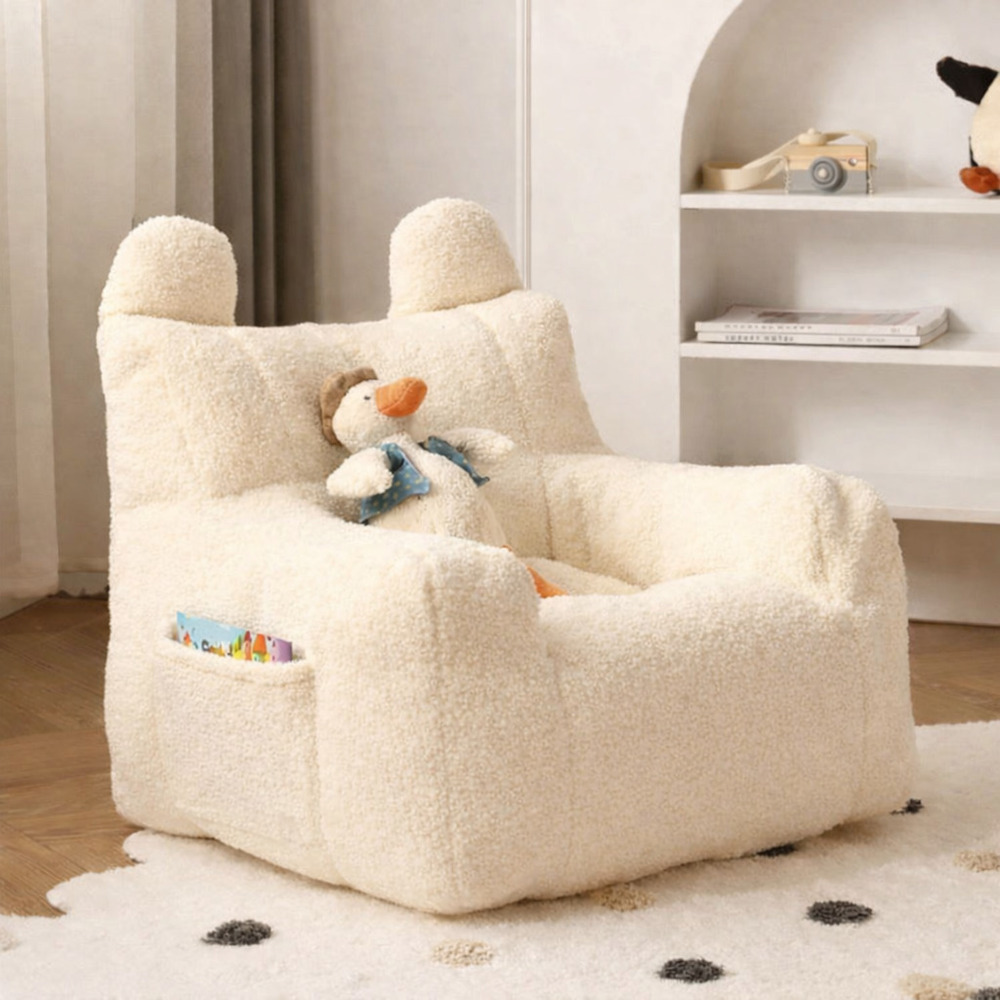 Fotoliu-puf moale pentru copii cu urechiușe și buzunar, bej