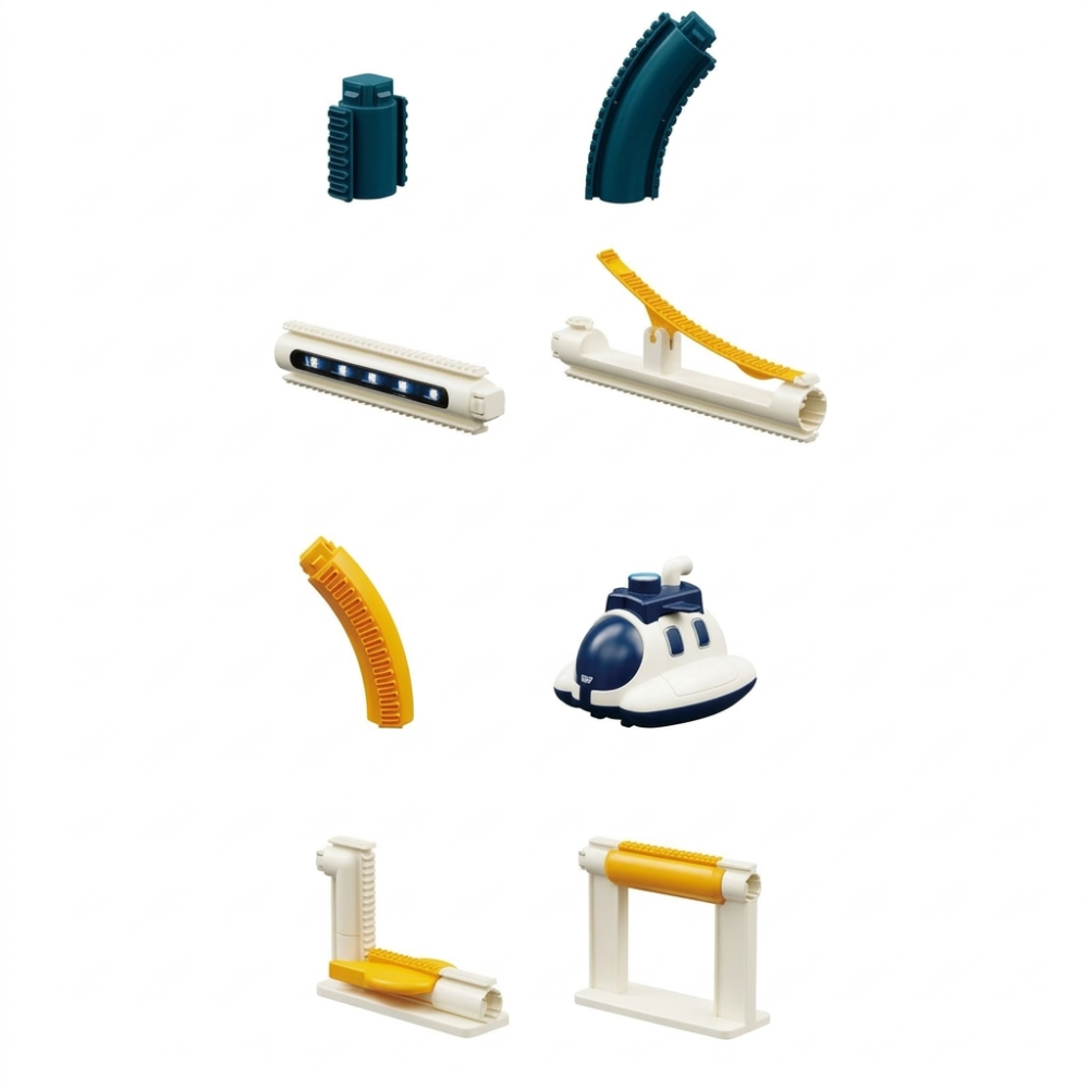 Cale ferată cosmică cu locomotivă, lifturi și pistă, mică