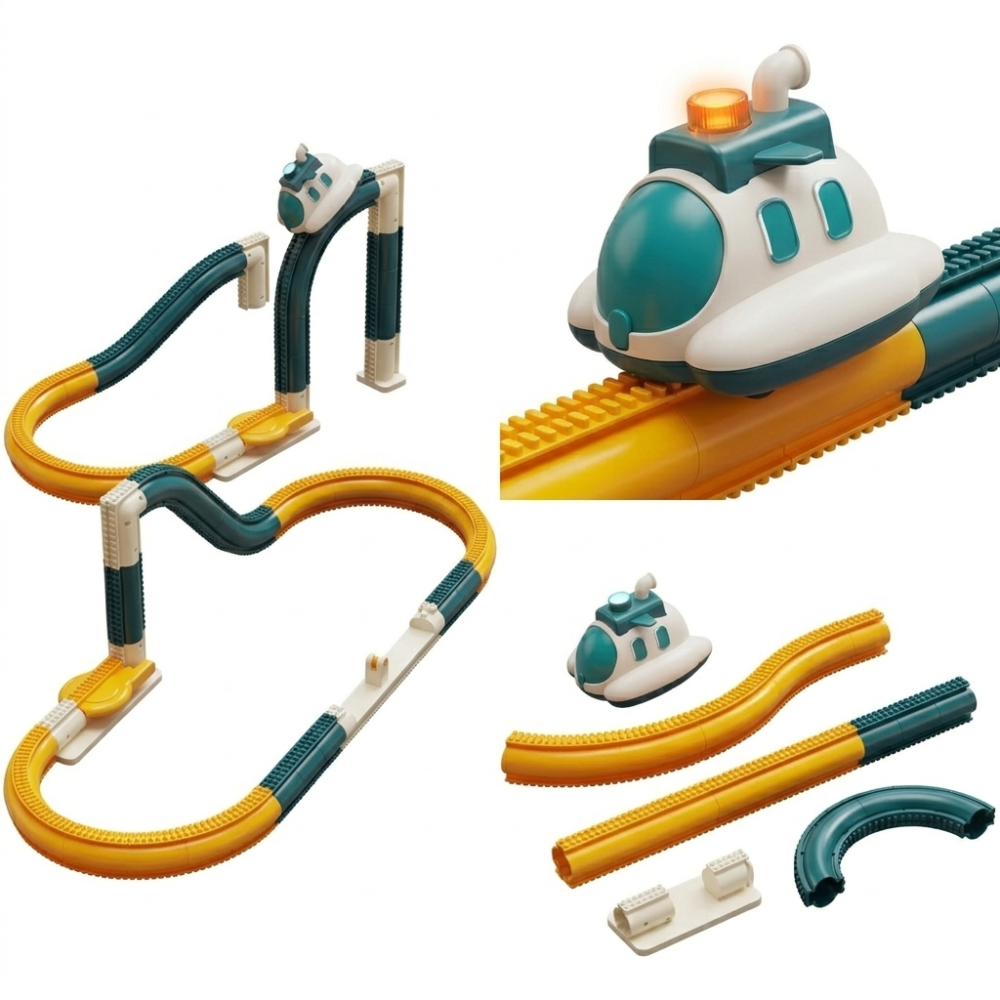 Cale ferată cosmică cu locomotivă, lifturi și pistă, mică