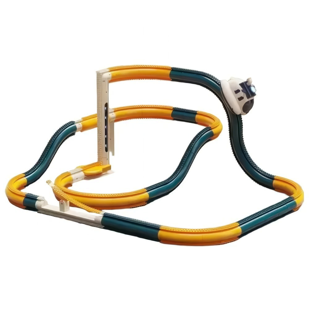 Cale ferată cosmică pentru copii cu abur, trambulină și lift