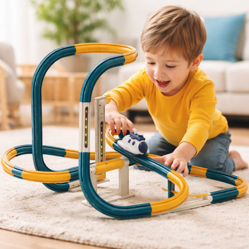 Cale ferată cosmică pentru copii cu abur, trambulină și lift