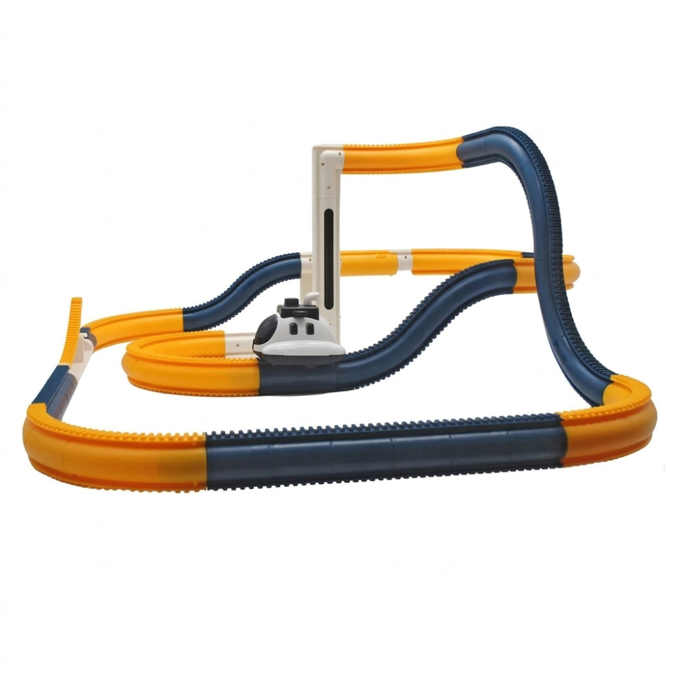 Cale ferată cosmică pentru copii cu abur, trambulină și lift