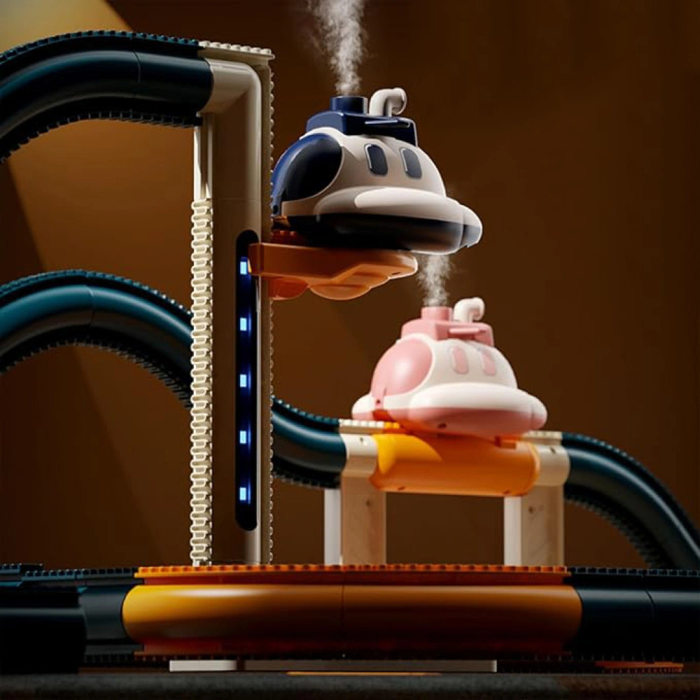 Космическая детская железная дорога с дымом, трамплингом и подъемником