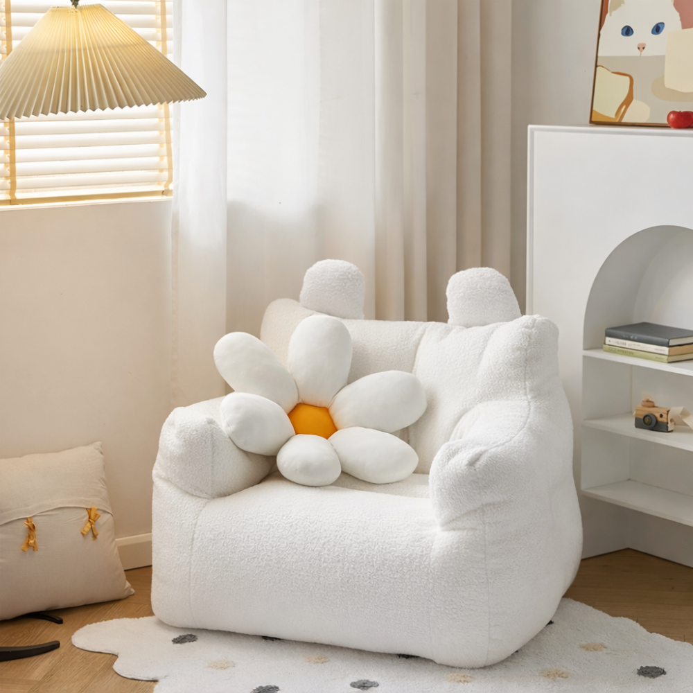 Fotoliu moale pentru copii cu urechiușe și buzunar, culoare crem