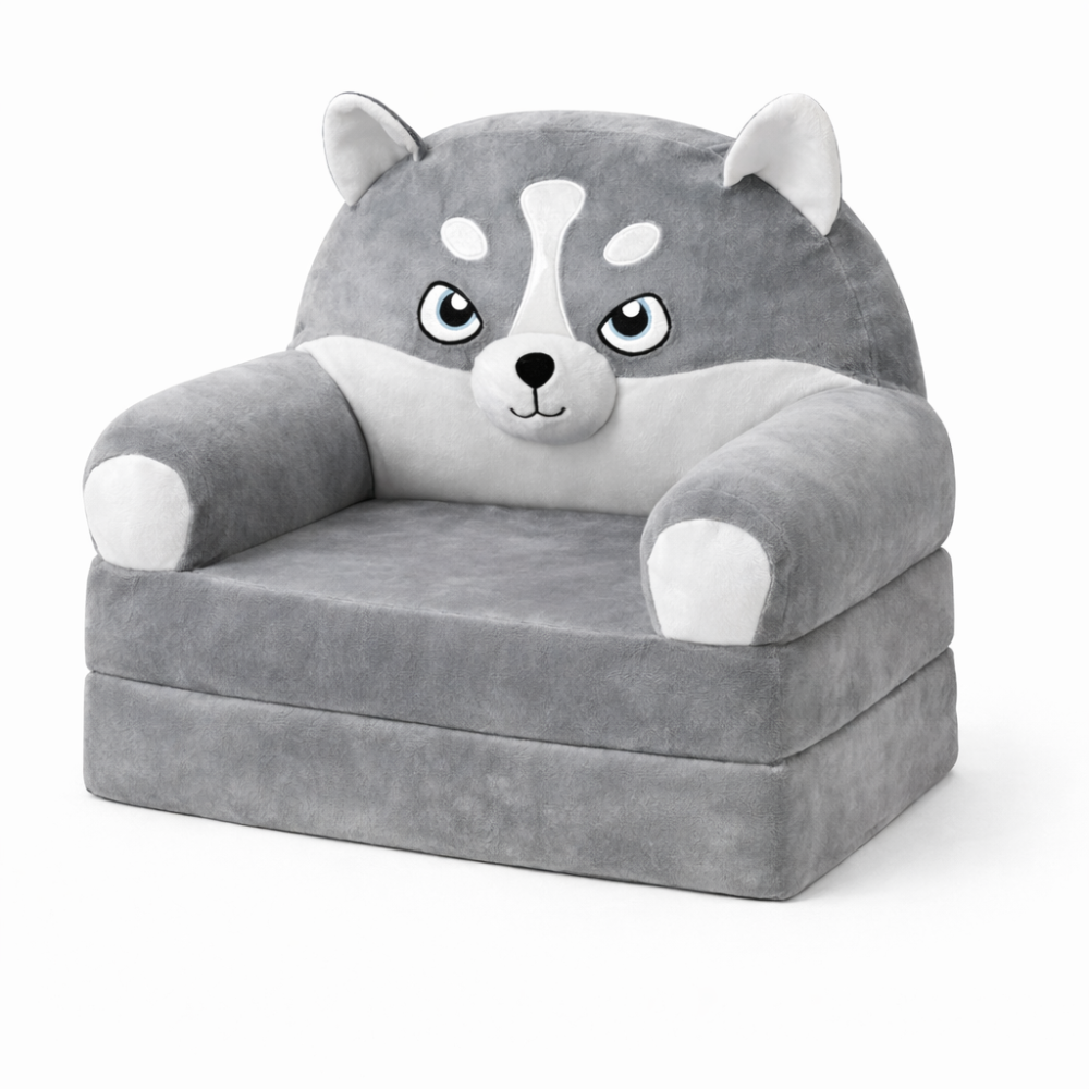 Детское мягкое кресло-трансформер в виде волка с раскладным спальным местом на две секции