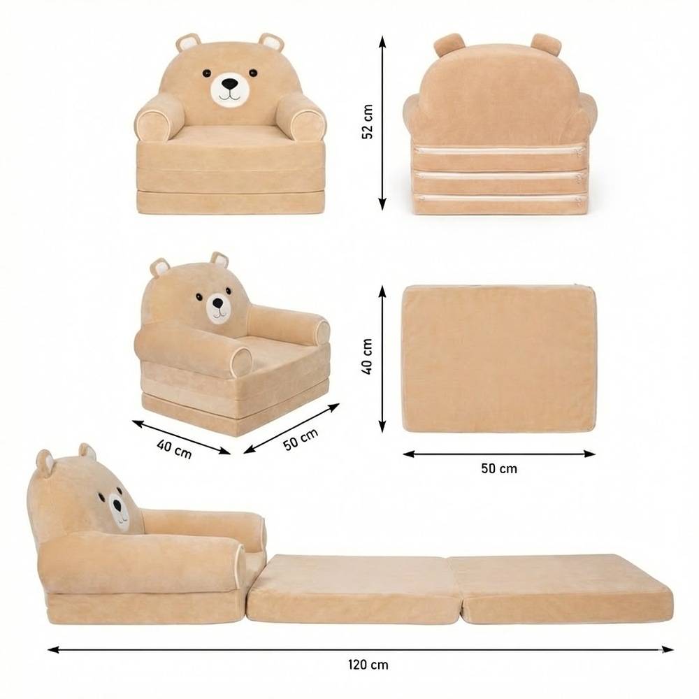 Fotoliu-transformer moale pliabil pentru copii Ursuleț Pudrat