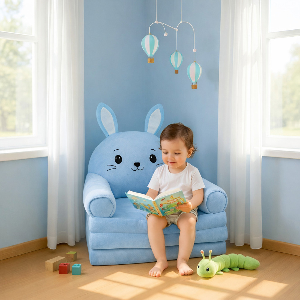 Fotoliu-șezlong de pluș pentru copii în formă de Iepuraș Albastru