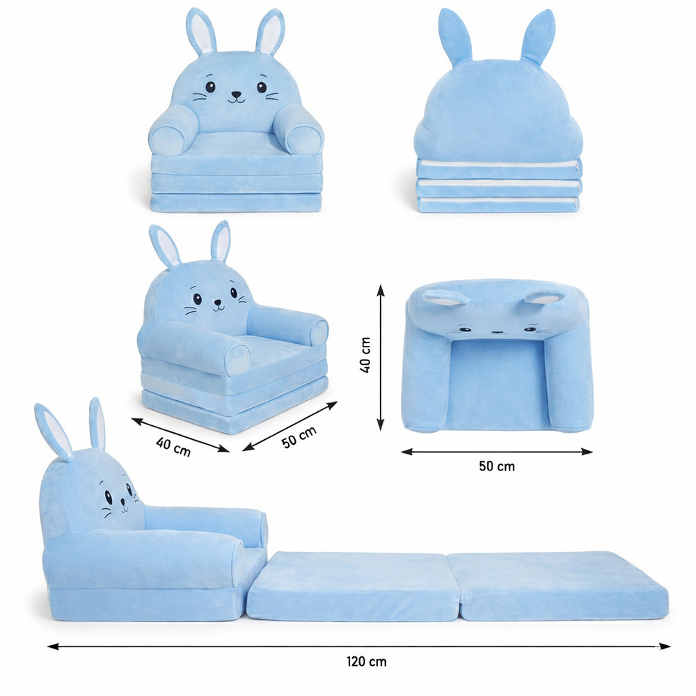 Fotoliu-șezlong de pluș pentru copii în formă de Iepuraș Albastru