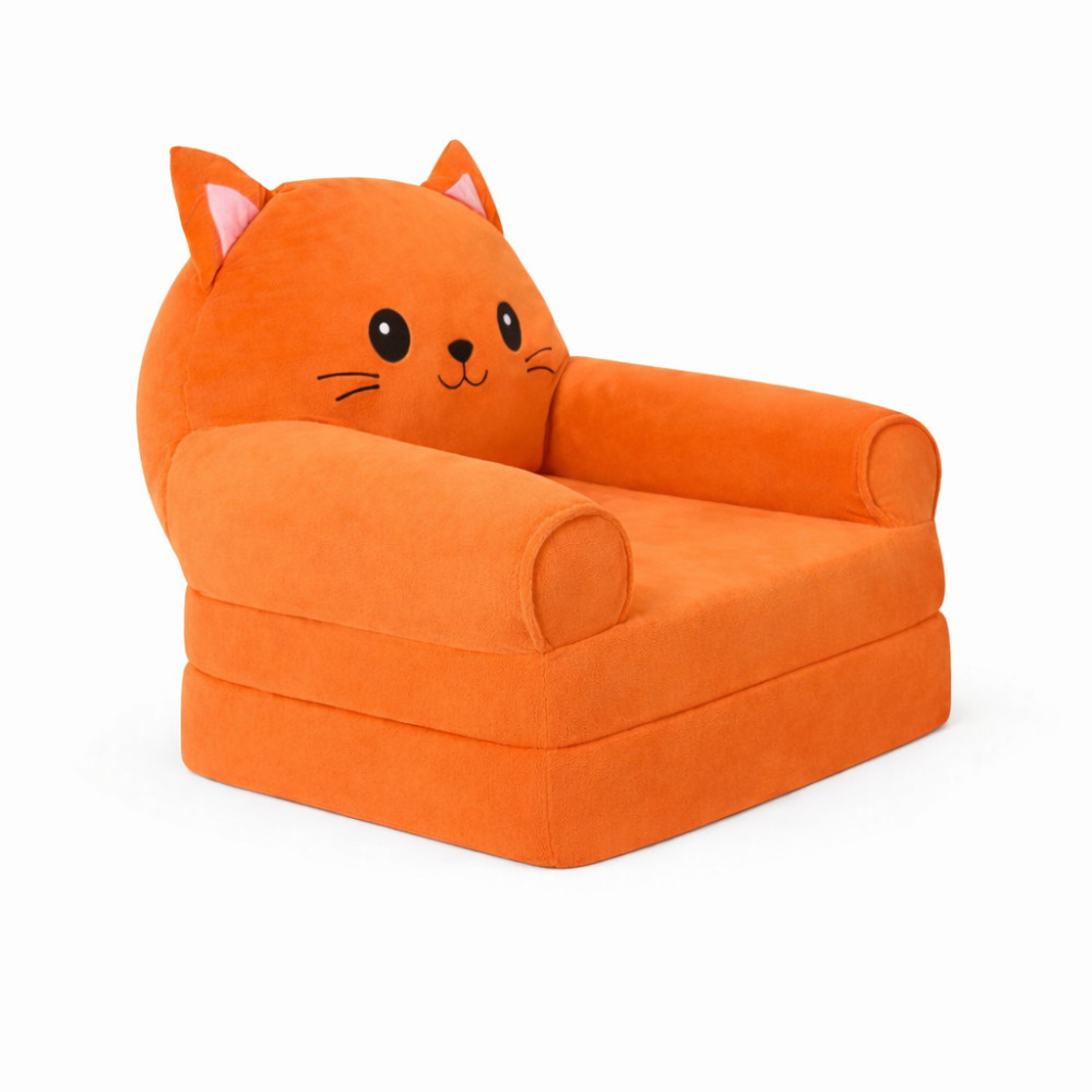 Детское мягкое кресло лежак в виде котика с раскладной конструкцией на два отделения