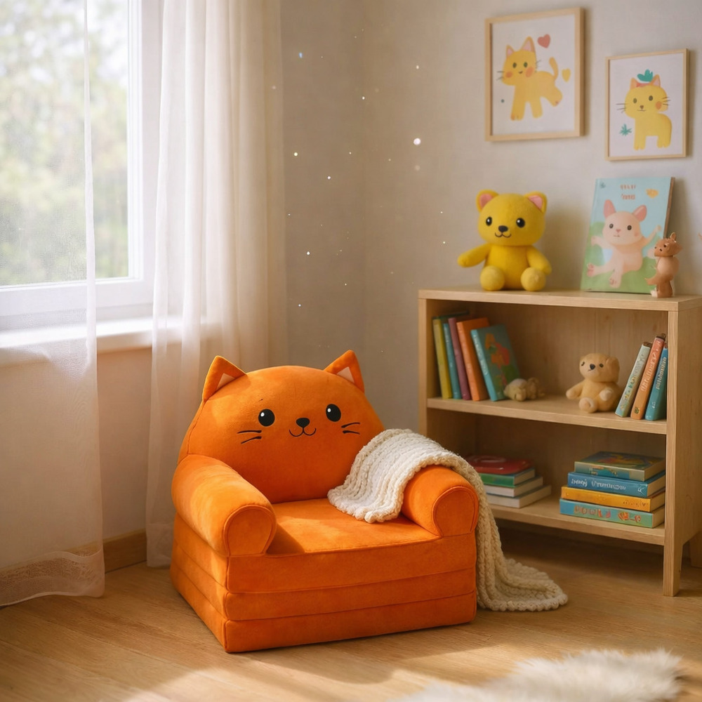 Fotoliu-șezlong moale cu 3 secțiuni în formă de Pisicuță Portocalie