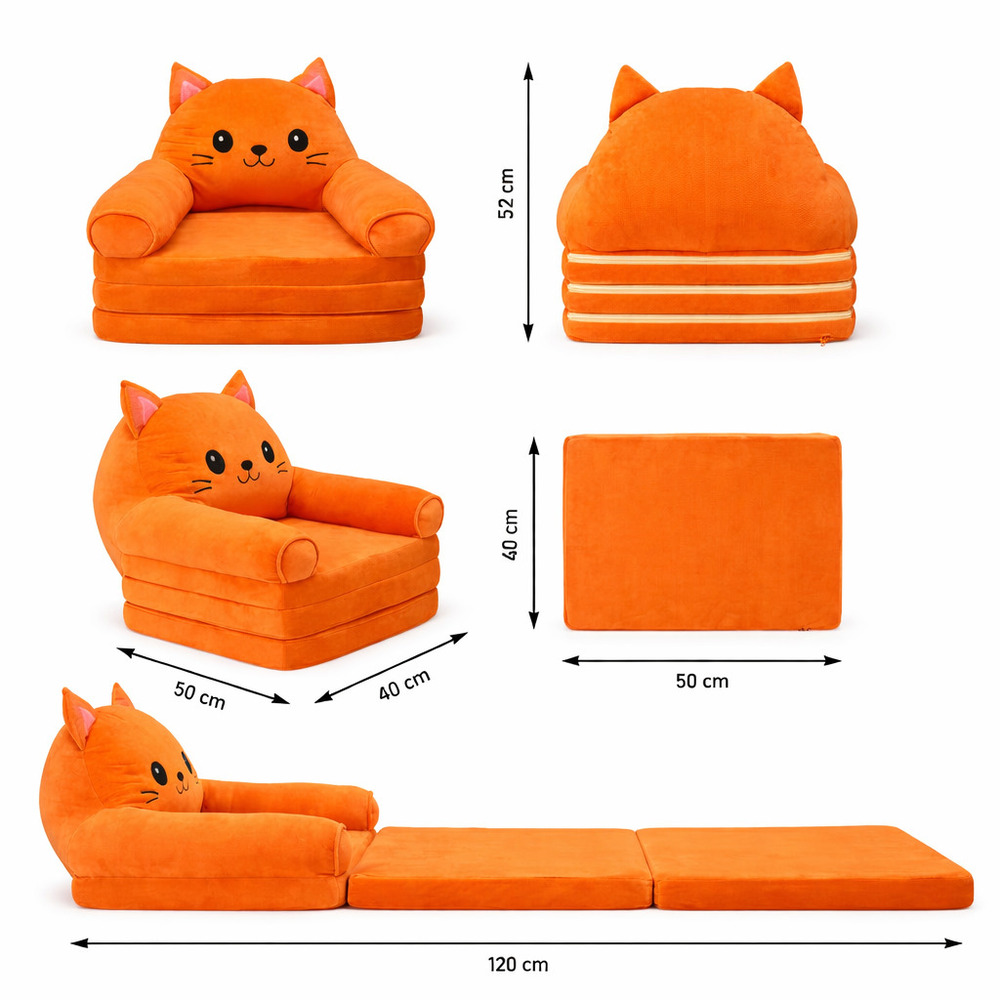 Fotoliu-șezlong moale cu 3 secțiuni în formă de Pisicuță Portocalie