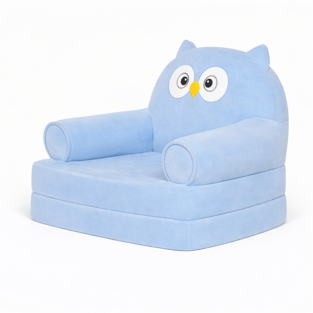 Детское мягкое кресло лежак в виде совёнка с раскладным спальным местом на две секции