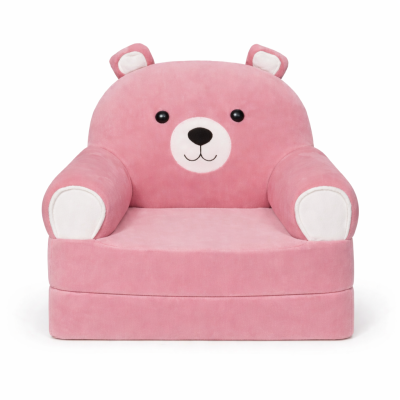 Детское мягкое раскладное кресло-кровать в виде Розового Медвежонка с комфортным спальным местом, на две секции