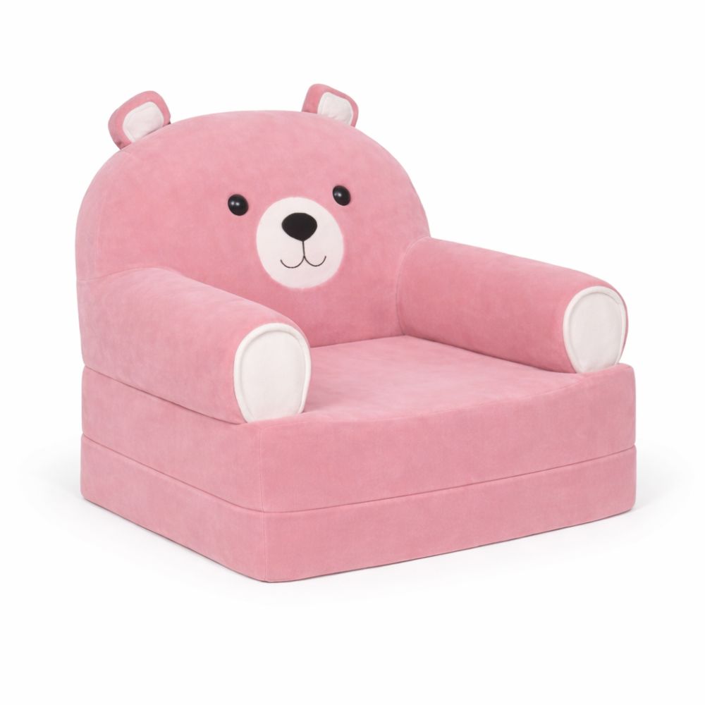 Детское мягкое раскладное кресло-кровать в виде Розового Медвежонка с комфортным спальным местом, на две секции