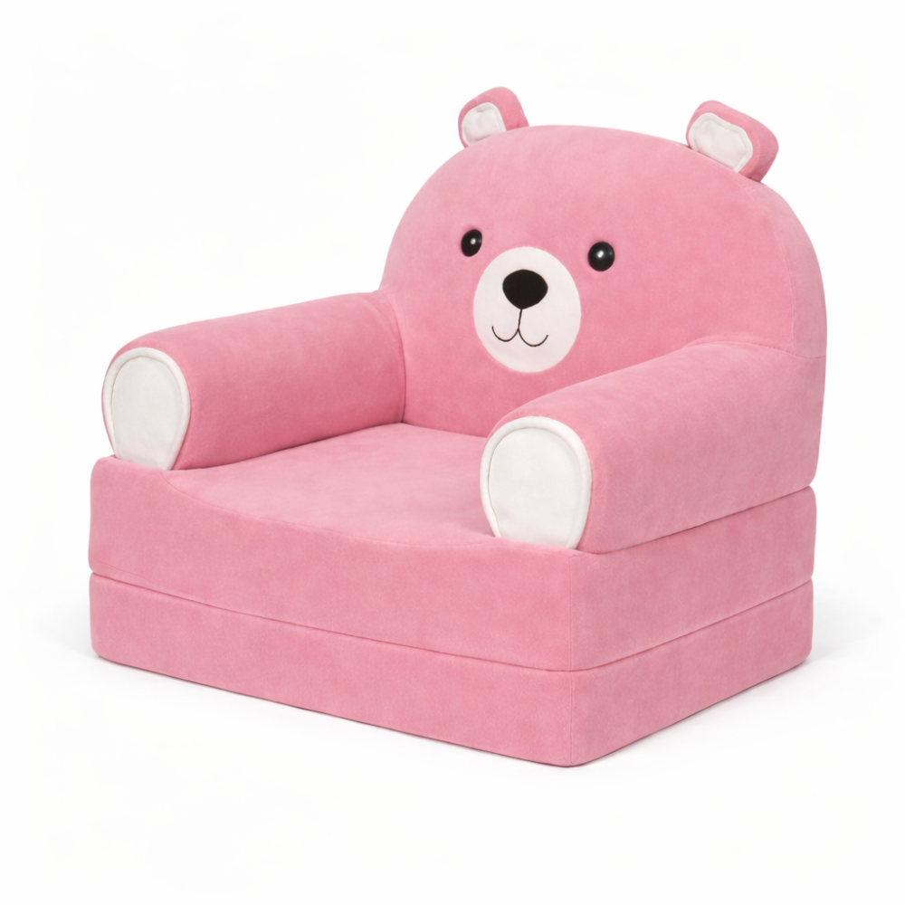 Детское мягкое раскладное кресло-кровать в виде Розового Медвежонка с комфортным спальным местом, на две секции