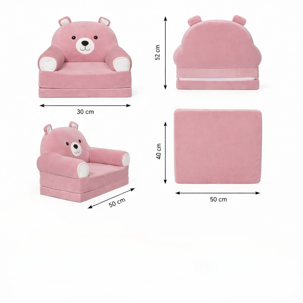 Детское мягкое раскладное кресло-кровать в виде Розового Медвежонка с комфортным спальным местом, на две секции
