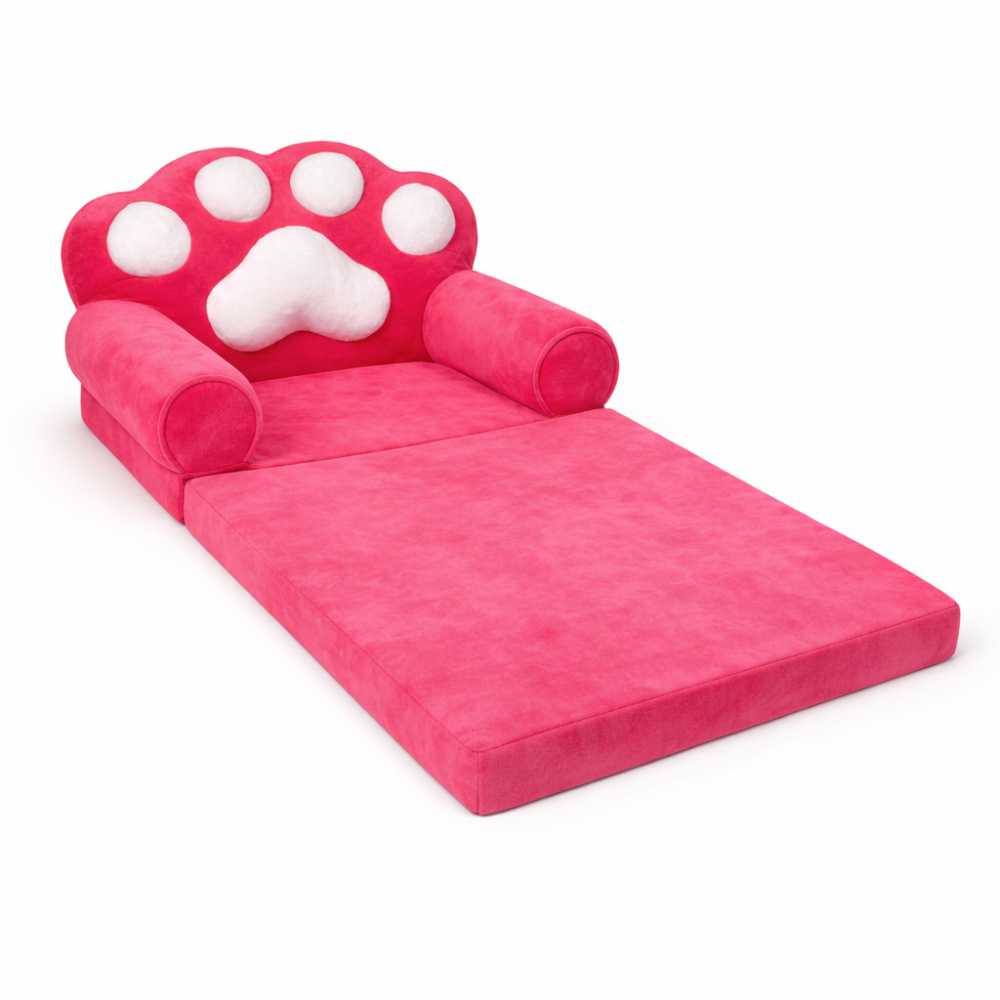 Детское мягкое кресло трансформер в форме красной лапки с раскладным спальным местом на два отделения